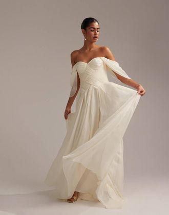 Asos pleated corset maxi wedding dress with draped sleeves in ivory-White