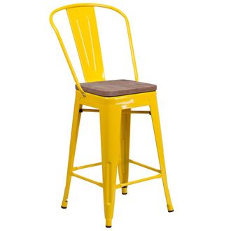 Flash Furniture 24 High Yellow Metal Counter Height Stool with Back and Wood Seat