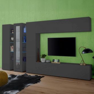 Dmora Dmora - Pared Equipada Dfilard, Conjunto De Sal&oacute;n Con Soporte De Tv, Mueble De Sal&oacute;n Con Vitrina Y Luz Led, 100% Made In Italy, Cm 320x30h180, Antraci