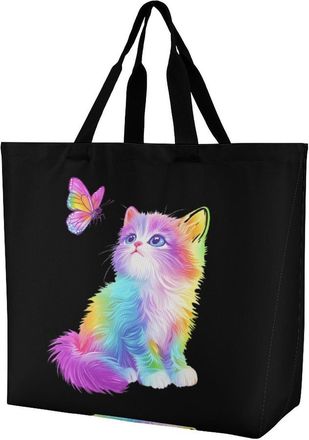Generic Cat with Butterfly Reusable Shopping Bags Large Capacity Grocery Bag Heavy Duty Tote for Women 40x40x16cm