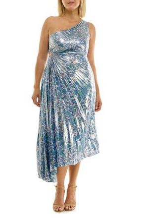 Nicole Miller Pleated One-Shoulder Metallic Dress in Abstract Butterfly Blue at Nordstrom Rack, Size 10