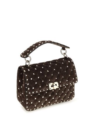 Valentino Garavani Womens Medium Rockstud Spike Suede Top Handle Bag Ebony Brown Calf Leather Bos Taurus Shoulder