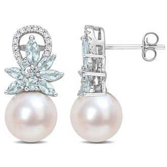 Mimi & Max 9-9.5mm Cultured Freshwater Pearl and Aquamarine and 1/8ct TW Diamond Flower Drop Earrings in 14k White Gold