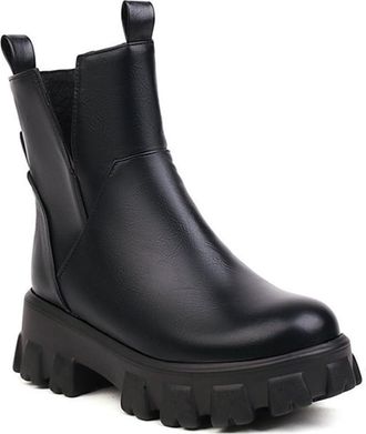 Generic Womens Fashion V-Cut Chelsea Ankle Boots Round Toe Side Zipper Platform Mid Heel Western Winter Dress Shoes (Black,5.5)