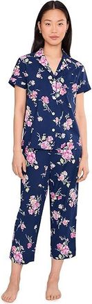Lauren Ralph Lauren Woven Short Sleeve Notch Collar Cropped Pants Pajama Set Womens Pajama Sets Navy Ground Floral : LG (US 12-14)