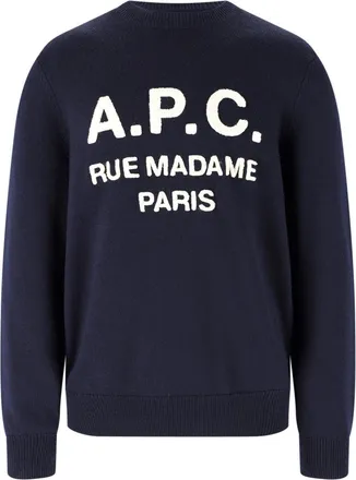A.P.C. Navy Blue Crewneck Sweater with Ribbed Finishes and Logo Detail