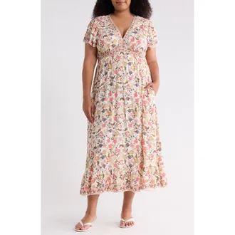 Max Studio Floral Flutter Sleeve Empire Waist Maxi Dress in Cream/Red Floral Muse at Nordstrom Rack, Size 1 X