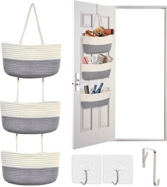 OEM Mueble De Almacenamiento De Tela - 3 Bolsillos + Ganchos - Blanco/gris - Dormitorio/ba&ntilde;o/cocina