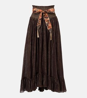 Zimmermann Aster shirred cotton and silk lam&eacute; midi skirt