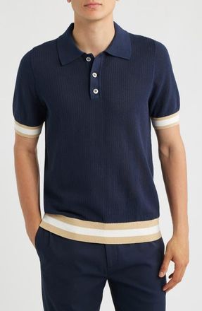 CH&Eacute; Studios Quinn Open Knit Polo Sweater in Navy at Nordstrom, Size Xx-Large