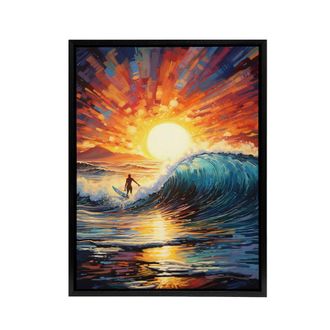Artery8 Sunset Surfing Surfer Riding Waves Framed Canvas Wall Art Print in Orange | Size: W24 x H32