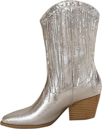 Generic Solid Silver Fashion Women Mid Calf Boots Pointed Toe High Stiletto Heel Tassel Detail Ankle Footwear (Silver, 5.5)