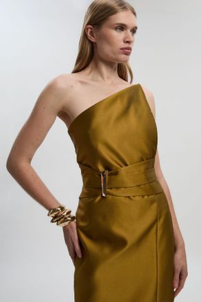 Karen Millen Womens Satin Twill Trim Detail Structured Asymmetric Neck Tailored Midi Dress - Gold - Size 10 UK
