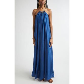 Zimmermann Aster Gathered Bead Silk Maxi Dress in Dark Cobalt at Nordstrom, Size 3