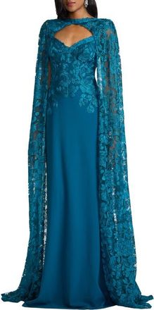 Tadashi Shoji Embroidered Cape Detail Gown in Venom Blue at Nordstrom, Size 10