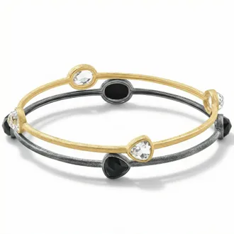 Pompeii3 18K Gold Plated Silver Set Of Two Onyx/Topaz Bangle Bracelet 2mm