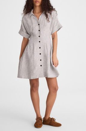 Madewell Pleated Linen Mini Shirtdress in Black White Mini Stripe at Nordstrom, Size Xx-Small