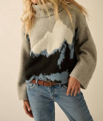 Promesa Mountains Fuzzy Jacquard-Knit Turtleneck Sweater In Heather Grey/black