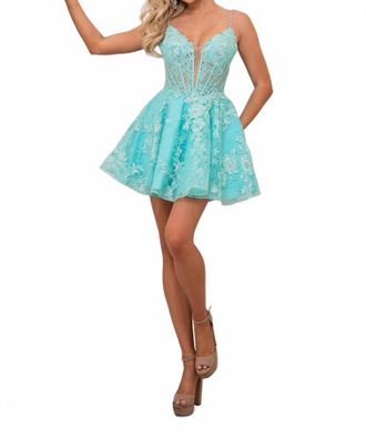 Rachel Allan Deep V-Neck A-Line Dress In Aqua