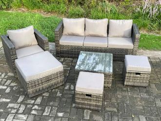 Fimous 6 PCS Outdoor Lounge Sofa Set Wicker PE Rattan Garden Furniture Set with Coffee Table 3 Small Footstools in Dark Grey