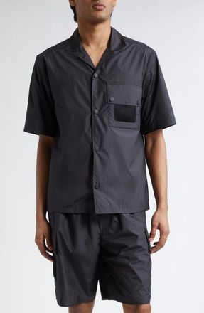 Moncler Mesh Pocket Short Sleeve Ripstop Snap Shirt in Black at Nordstrom, Size Xx-Large
