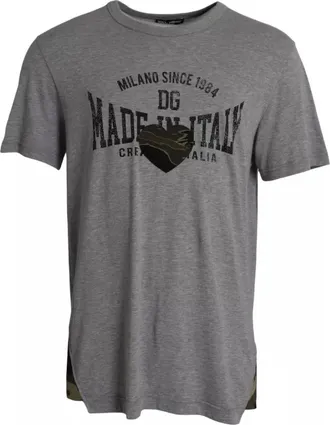 Dolce & Gabbana Gray Graphic Print Cotton Round Neck Mens T-shirt