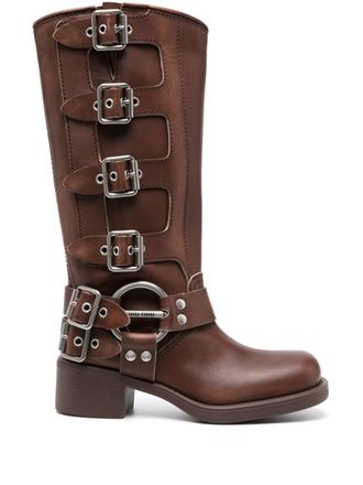 Miu Miu Stivali buckle leather boots - Marrone