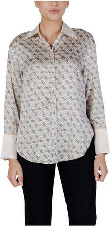 Guess Overhemden, Dames, Beige, S, Leer, Alexandra Blouse met Lange Mouwen