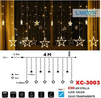 Trade Shop Trade Shop - Tenda Luminosa Natalizia 230 Led Con Stelle Luce Calda Cavo Trasparente Xc-3003