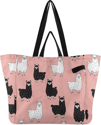 Generic Llama Black White print Reusable Canvas Tote Bag, Heavy Duty Grocery Shopping Bag with Hard Bottom Double Handles Large Capacity Work Groceries Travel