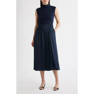 Vince Camuto Mixed Media Rib Funnel Neck Midi Dress in Navy at Nordstrom, Size Large