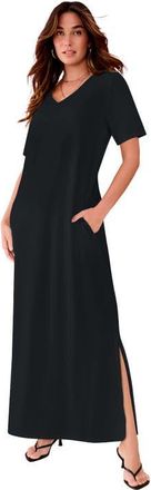 Roaman's Plus Size Stretch Knit Short Sleeve Maxi Dress With Side Slit Detail in Black at Nordstrom, Size 28