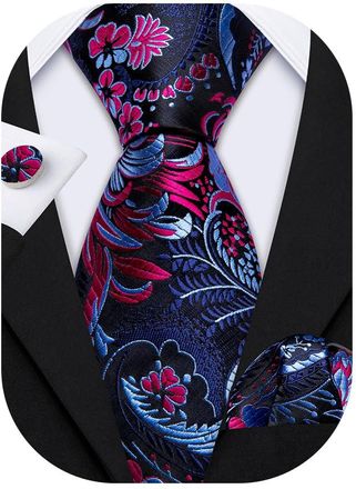 Barry.Wang Pink Blue Floral Tie Mens Silk Necktie Handkerchief Cufflinks Set Wedding Prom Business