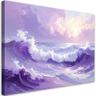 Feeby Cuadro Sobre Lienzo, Mar Y Olas Paisaje Moderno Pastel Morado, 120x80