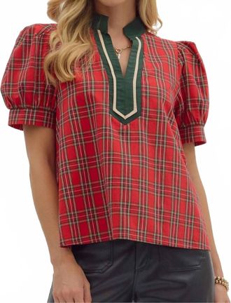 Entro Plaid Patterned V-Neck Top In Red Plaid
