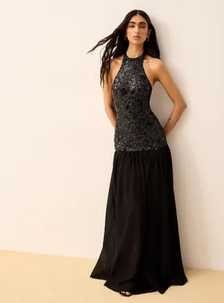 Icone Womens Sequins and chiffon maxi black halter dress