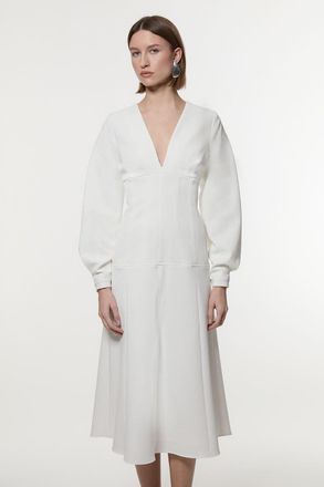 Karen Millen Womens Textured Tailored Dropped Waist Sleeved Midaxi Dress - White - Size 12 UK