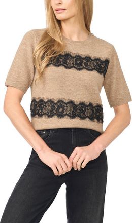 CeCe by Cynthia Steffe Lace Stripe Short Sleeve Sweater in Taupe at Nordstrom, Size X-Small
