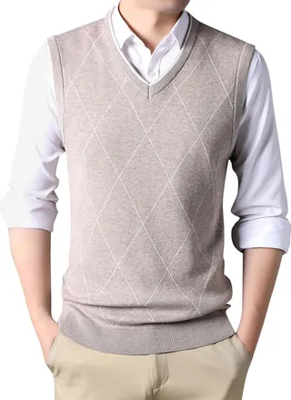 Generic Mens Sleeveless Jumper Vest V-Neck Knitted Gilets Checked Knit Sweater Tank Tops, Business Office Sleeveless Knitwear Slim Fit Knitted Vest Gentleman 