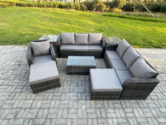 Fimous 9 Seater Rattan Lounge Sofa Set Outdoor Garden Furniture Set with Rectangular Coffee Table 3 Seater Sofa 2 Big Footstool 2 Side Tables