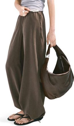 Mango Elastic Waist Baggy Wide Leg Pants in Chocolate at Nordstrom, Size Large
