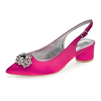 Generic Slingback Wedding Heels Womens Bridal Pointed Toe Chunky Heels Prom Evening Formal Party Pumps Shoes 4.5Cm,Rose red,3 UK