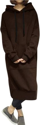Generic WomenS Long Sleeve Hoodie Dress,Womens Casual Loose Hoodie Sweatshirt Dresses Long Sleeve Solid Color Pullover Maxi Dress Coffee