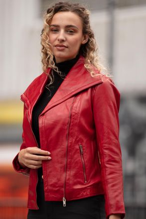 Ashwood Leather Womens Isabella Real Wide Collar Biker Jacket - Red - Size 14 UK