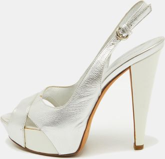 Sergio Rossi Silver Leather Slingback Platform Sandals