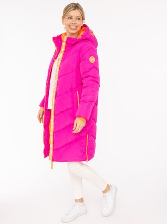 Zwillingsherz Steppmantel ZWILLINGSHERZ Happy Vibes, Damen, Gr. XXL, pink (magenta), Obermaterial: 100% Polyester, M&auml;ntel Steppmantel, Print an Kapuze, farbigen Det