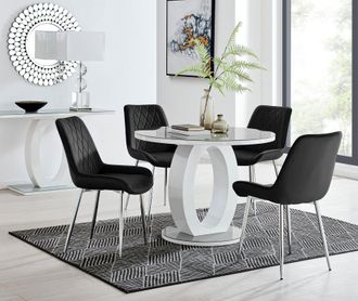Furniturebox Giovani Round 4 Seat 100cm White High Gloss Halo Base Grey Glass Top Dining Table 4 Soft Velvet Silver Leg Pesaro Chairs in Black