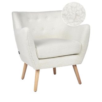 Beliani Sill&oacute;n Tapizado Boucl&eacute; Blanco Con Respaldo Abotonado Patas De Madera Drammen
