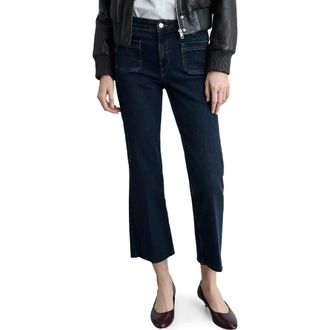 Mango Alex Raw Hem Patch Pocket Crop Flare Jeans in Dark Blue at Nordstrom Rack, Size 8