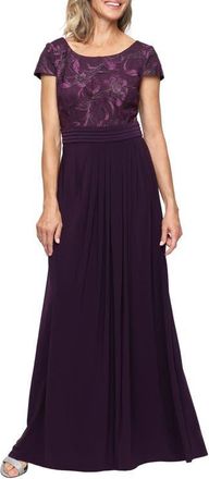 Alex Evenings Floral Embroidered Empire Waist A-Line Gown in Plum at Nordstrom, Size 14